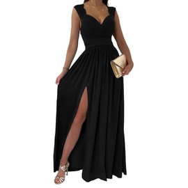 Dokotoo Ladies Elegant Floor Length A Line Wrap Deep V Neck Backless Ruched Pleated Ruffled Split Long Maxi Formal Evening Party Prom Dress Bridesmaid Wedding Guest Dresses for Women Black L