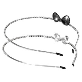 2 Pack Rhinestone Headbands, Fashion Rhinestone Headband with Bow Shiny Butterfly Flowers Crystal Thin Head Bands Sparkly Beaded Hoops Bridal Headpiece Hair Styling Accessories (Silver, Black)