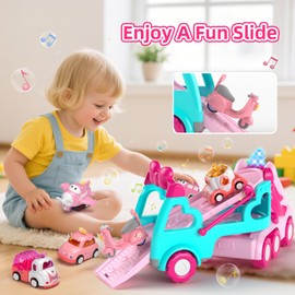 7 in 1 Carrier Truck Cars for Toddlers Girls, Girls Toy Car with Light & Music, Toddler Princess Girl Toys Age 2-4, Pink Car Toys for 1 2 3 Year Old Girl Christmas Birthday Gifts