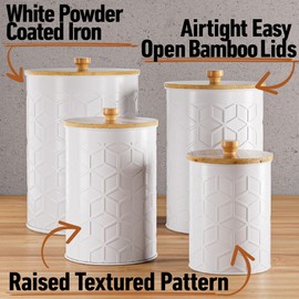 Kitchen Canisters for Countertop Set of 4 - Textured Iron Kitchen Canisters with Airtight Lids - Canisters Sets for the Kitchen - White Kitchen Canister Set - Flour and Sugar Containers For Countertop
