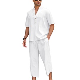 Men Linen Sets Outfits 2 Piece Half Sleeve Button Henley Shirts Casual Baggy Drawstring Pants 3 Quarter Pants Summer Beach Yoga Walking Suits Loungewear All White Linen Outfit For Men White S