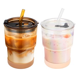 Zukro 13 oz/400ml Water Glass Tumbler with Glass Straw, Leak proof Lid, Silicone Boot, Thick Wall Reusable Cute Drinking Cup for Iced Coffee, Cold Tea, Juice, Smoothie, 2 Pack, Amber & Shrimmer Clear