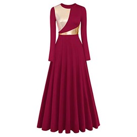 Women Metallic Praise Dance Dress Liturgical Church Worship Costume Bell Long Sleeve Bi Color Lyrical Robe Dancewear for Adults Cross Inspired Tunic Traditional Praisewear Wine red-02 XL