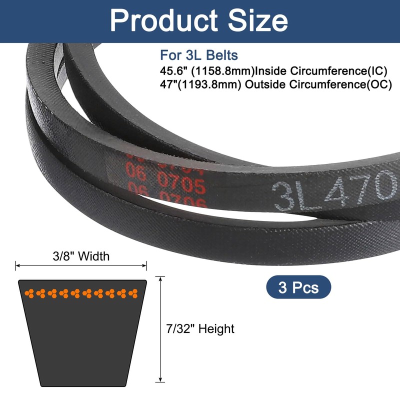 sourcing map 3 Pcs 3L470 Classic Wrapped Rubber V-Belt, 47"(1194mm)
