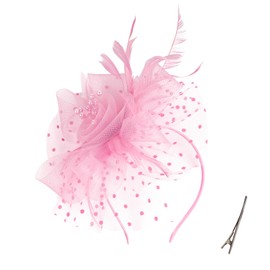 QDC Fascinator Hat Flower Mesh Ribbons Feathers Headband Clip Wedding Headwear Pillbox Derby Hat for Cocktail Tea Party Pink