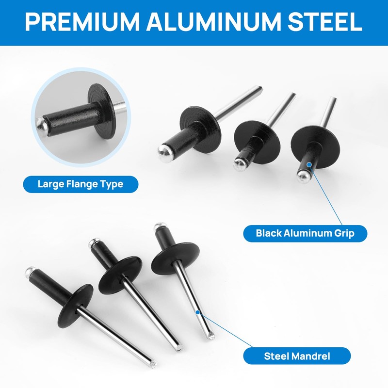 Besitu 210Pcs Black Pop Rivets Assortment Kit, 1/8" 3/16" 1/4"