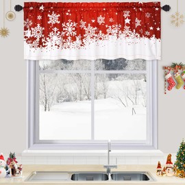 CAROMIO Christmas Kitchen Curtains Valance, Red Velvet Short Curtains for Windows, Floral Snowflake Decoration Cafe Curtains, Thermal Insulated Room Darkening Short Curtain (52" W x 15" L, Set of 1