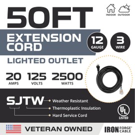 Iron Forge Cable 50 Ft Extension Cord - Nema 5-20 Extension Cord, 5-20P to 5-20R Lighted Black SJTW 12 Gauge Electric Cable, 20 Amp Heavy Duty