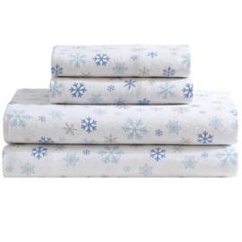Beatrice Home Fashions 4-Piece Winter Holiday Flannel Sheet Set, Soft, Cozy, 100% Cotton, 15-inch Deep Pockets, Full, Fresh Snow Dusty Blue