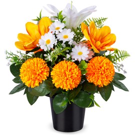 Artificial Cemetery Flowers in Pots, Artificial Chrysanthemums Lily Daisy with Pot, Memorial Grave Flowers for Cemetery Funeral Outdoor Graveside Decoration (1pc, Orange & White)