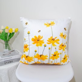 DILOXNSU Yellow Bee Flower Cushion Covers 45 x 45 cm Bee Cushions Covers Double-Sided Square Decorative Pillows Covers for Sofa Garden Livingroom Outdoor Home Decor Cushion Cover 18 x 18 inch