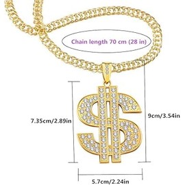 Gold Necklace Chain for Men with Dollar Sign, Bling Gold Plated Hip Hop Dollar Necklace Pendant Rhinestone Jewelry Punk Style