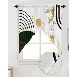CosyBright Green Black Gold Boho Kitchen Curtains Green Gold Leaves Plant Window Valance Set,Abstract Rod Pocket Curtains Swag for Living Room,Gold Green Black Geometric Swag Valance 36" Long Set