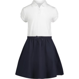 IZOD Girls' School Uniform Short Sleeve Polo Dress with Poplin Skirt & Pockets, White/Navy