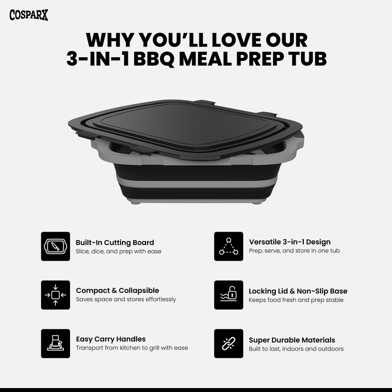 XL Collapsible BBQ Prep Tub with Cutting Board & Drain