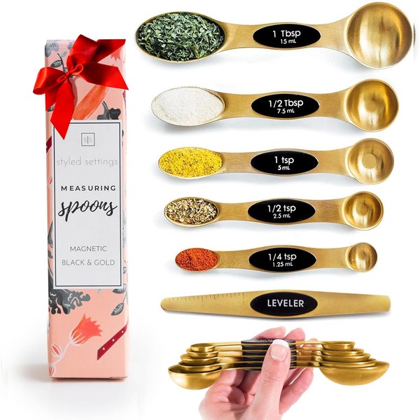 Magnetic Measuring Spoons Set - Stainless Steel Measuring Spoons - Magnetic Measuring Spoon Set, Gold Measuring Spoons Magnetic, Cute Measuring Spoons for Cooking & Baking - Metal Measuring Spoons