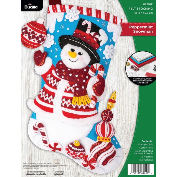 Bucilla, Peppermint Snowman, Felt Applique 18" Stocking Making Kit, Perfect for DIY Arts and Crafts, 89610E