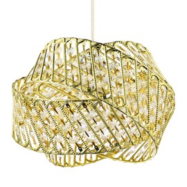Modern Designer Triple Ring Shiny Gold Metal Pendant Light Shade with Small Clear Acrylic Beads | 21cm x 30cm | Etched Metal Strips by Happy Homewares