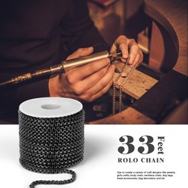 33 Feet Gunmetal Stainless Steel Rolo Box Chain Roll, 2.5mm Wide 304 Stainless Steel Square Rolo Link Chains Spool Bulk for Jewelry Making