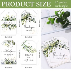 Whaline 100Pcs Thank You Gift Tags Greenery Plant Paper Tags Spring Green Thank You Very Much Tags with 98.4ft Hemp Rope for Wedding Baby Shower Bridal Shower Birthday Party Favor Decor, 4 Design