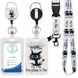Id Badge Holder with Breakaway Lanyard for Id Badges and Keys, Black Cat Badge Reel Retractable Heavy Duty and Detachable Name Tag Clips, I'm Fine Everything is Fine, Nurse Teacher Office Gifts