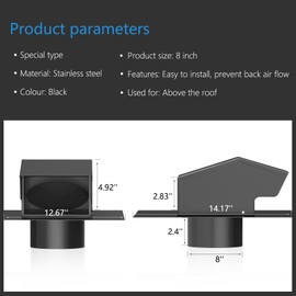 Removable Roof Vents 8 Inch, Hon&Guan Roof Vent Cap Galvanized Steel Bathroom 8 Roof Exhaust Vent for Ventilation System-with Damper, Black.