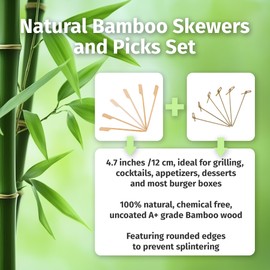 Bamboo Skewers - Natural Bamboo Skewers and Picks Set, Paddle Skewers and Knot Picks, Cocktail Picks, Toothpicks for Appetizers, Biodegradable 200 Bamboo Skewers and 200 Bamboo Picks Set