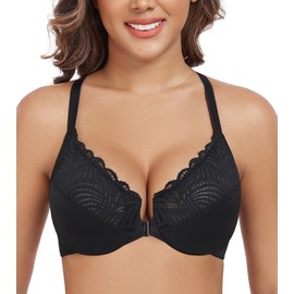 DotVol Women's Front Closure Underwire T-Back Full Figure Plus Size Unlined Seamless Bra(Black,38F)