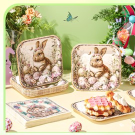72 Pcs Easter Bunny Party Supplies for 36 Guests 7'' Easter Paper Plates and Napkins Disposable Bunny Dessert Plates Vintage Rabbit Egg Tableware Decorations for Holiday Party Favors