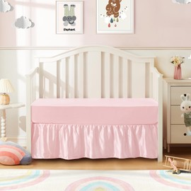 SiinvdaBZX 2-Piece Set Satin Crib Sheets & Crib Bed Skirt, 52" x 28" Silky Soft Ruffled Baby Crib Skirt with Adjustable Elastic 14" Drop, Fit for Standard Crib & Toddler Bedding (Pink)