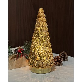 SHMILMH Árbol de Navidad de vidrio mercurio dorado, 1 pieza, árbol de Navidad de mesa con luz, funciona con pilas, pequeño árbol de Navidad para decoración de centro de chimenea, 10 pulgadas
