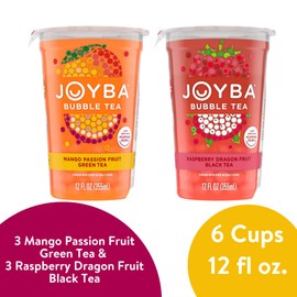 Joyba Bubble Tea Variety Pack, Mango Passion Fruit Green Tea & Raspberry Dragonfruit Black Tea with Popping Boba, 6 Pack, 12 fl. oz. Cups