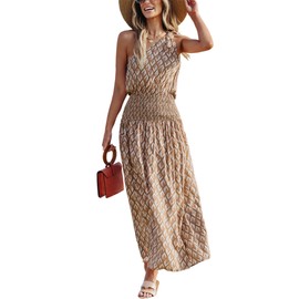 CUPSHE Women's Maxi Dress One Shoulder Retro Boho Paisley Smocked Sleeveless Fitted Long Summer Formal Dress Khaki, M