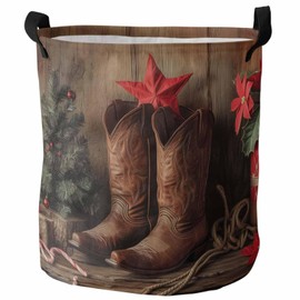 Oxford Cloth Large Laundry Baskets, Western Christmas Cowboy Boots Tree Star Poinsettia Leaf Rope Wood Grain Brown Collapsible Laundry Hamper Wateproof Storage Bin for Clothes Blankets
