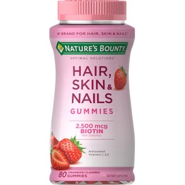 Nature's Bounty Optimal Solutions Hair, Skin & Nails Vitamin Gummies with Biotin, 2500 mcg, Strawberry, 80 Count, 40 Total Servings