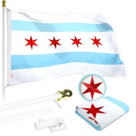 UD_G128 Flag Pole 5 FT White Tangle Free & Chicago Flag 2.5x4 FT Combo Embroidered Spun Polyester