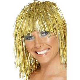 Smiffys Cyber Tinsel Wig, Gold Metallic, 1970's Disco Fancy Dress, 1970s Disco Dress Up Wigs