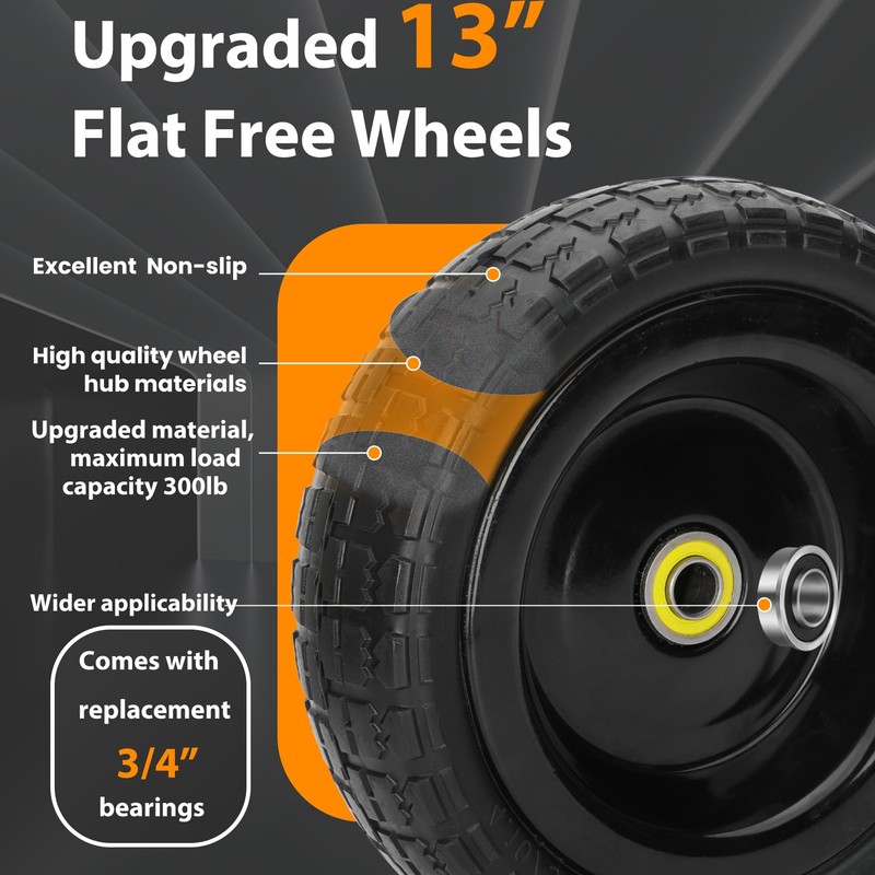 13" Flat Free Wheels Replacement for GOR Garden Cart Tires,