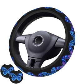 Blue Butterfly Steering Wheel Cover with 2 Car Coasters Non Slip Neoprene for Women Men Universal 15 Inch Stylish and Practical Set