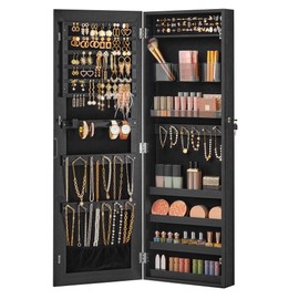 SONGMICS Mirror Jewelry Cabinet Armoire, Wall or Door Mounted Jewelry Storage, Hanging Lockable Frameless with 2 Plastic Cosmetic Organizers, Christmas Gift Idea, Black UJJC001B01