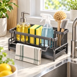 Kitchen Sink Organizer for Sponges & Brushes – Tilted Water Tray and Stainless Steel Rack for Sink Countertops
