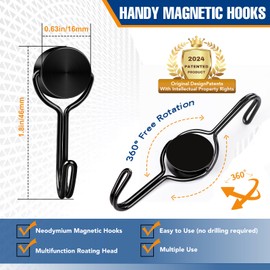 TRYMAG 28LBS Magnetic Hooks Heavy Duty, 6 Pack Black Magnetic Swivel Hooks for Cruise Cabins, Strong Neodymium Magnet Hook for Hanging, Toolbox, Rare Earth Magnets with Hook for Fridge, Grill, Locker