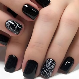 Black Press on Nails Short Square Fake Nails Glossy Marble Acrylic Nails Squoval Dark False Nails with Designs Natural Summer Glue on Nails Full Cover Stick on Nails for Women Girls 24Pcs