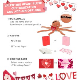 DolliBu I Love You Valentine Plush Super Soft Orange Octopus - Cute Stuffed Animal with Red Heart and Name Personalization Gift for Valentines Day, Birthday, Anniversary, Romantic Date - 15 Inches