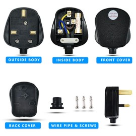 UK Plug 13 Amp Plug UK, Plugs 3 Pin Electric Plugs UK 250V,13A Fused Mains, with Cord Grip Rewireable Socket,Black 2 Pack