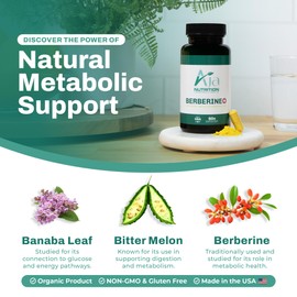 Aja Nutrition Berberine Plus – Triple Action Metabolic Support Supplement with Berberine HCl 500mg, Bitter Melon & Banaba Leaf – 1250mg Herbal Actives – Energy & Digestive Support – 60 Vegan Capsules