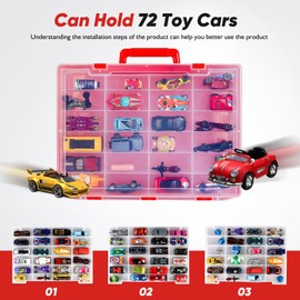 RHCOM Toy Organizer.72 Compartments.Toy Storage Box Compatible With Hot wheels Cars, Matchbox Cars,Mini Toys and Small Dolls.Toy Storage Display Case With 3 Layers of Removable Trays .(RED)