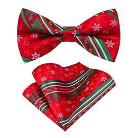 Red Christmas Bow Tie Party Holiday Theme Bowties Snow Striped Xmas Bowtie with Handkerchief (BB02-18)