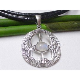 Silver Moonstone Pendant "Avalon" Design Made of Sterling Silver with Snake Textile Cord 45 cm Protection Symbol, Sterling Silver, Moonstone