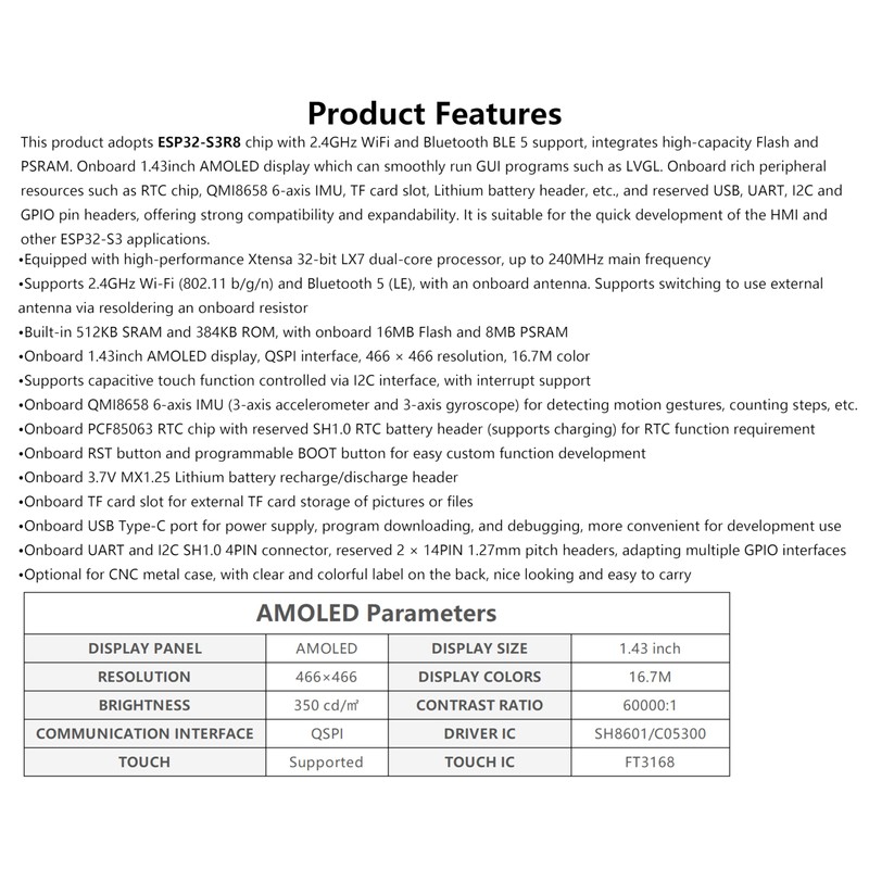 ESP32-S3 1.43inch AMOLED Display Development Board, 466×466 Resolution 16.7M Color